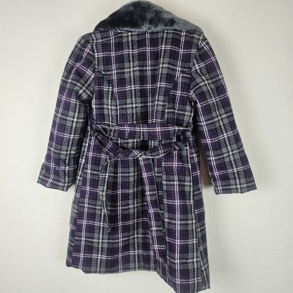 Kenneth Cole Reaction Plaid Coat with Faux Fur Collar Purple Gray Winter Warm - Picture 6 of 15